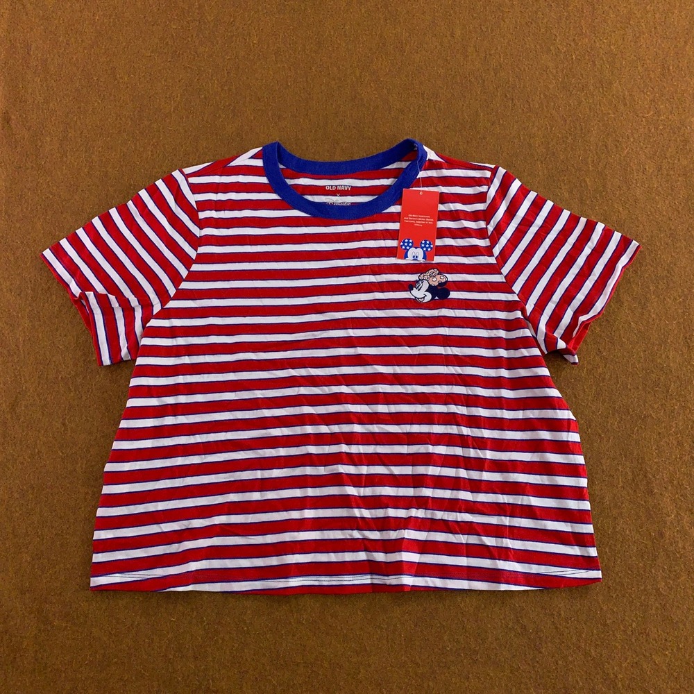 Old Navy Womens Large Red White Striped Mickey Mouse Disney Graphic T-Shirt NWT
